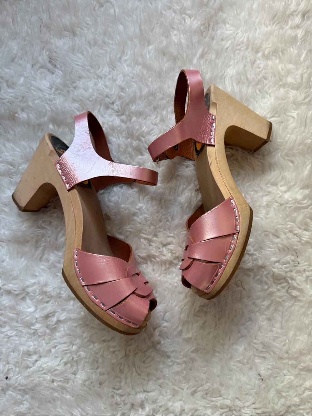 Hasbeens Swedish Pearl Pink Leather Women’s Leather Wooden Clog Platform 38